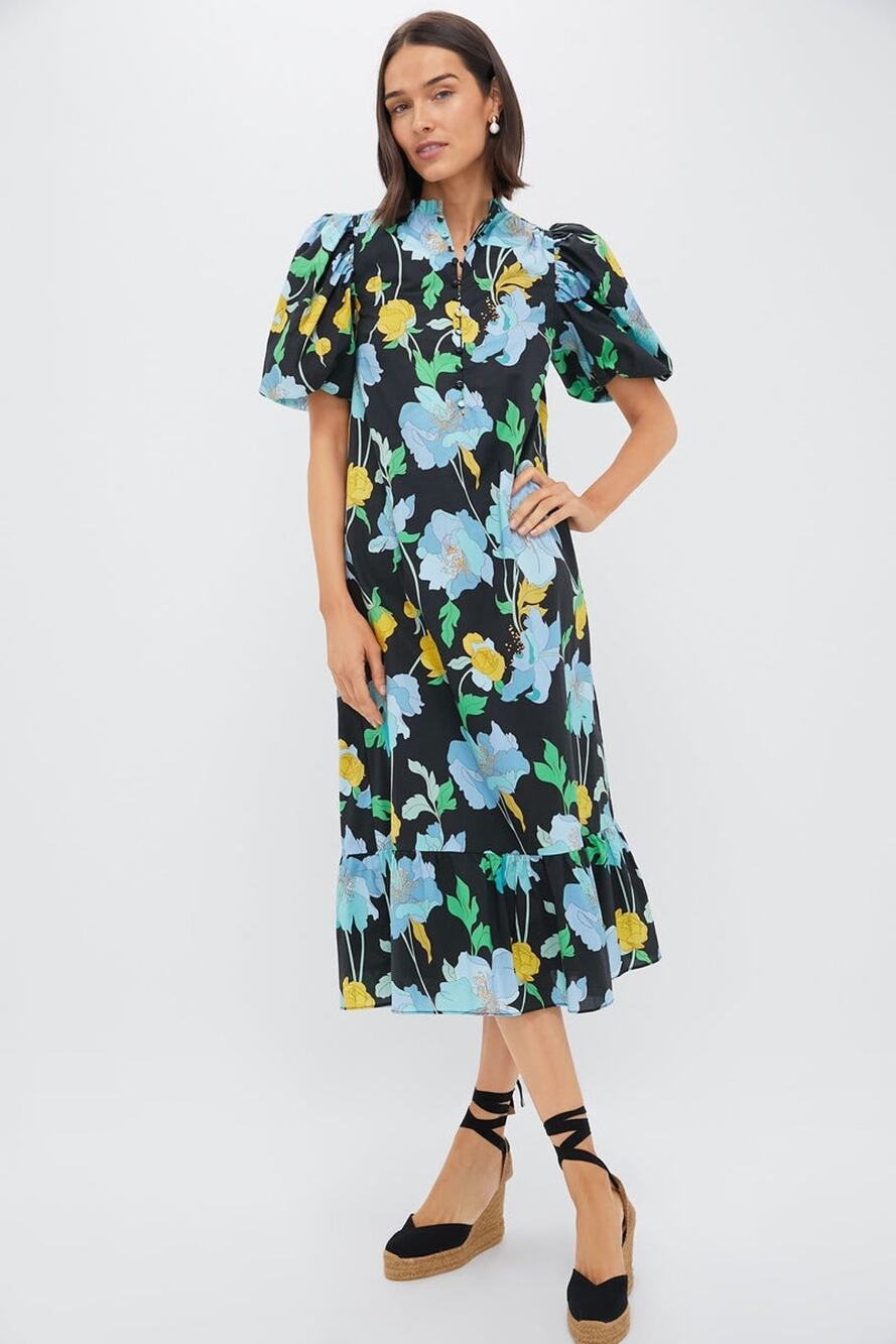 HYACINTH HOUSE Black & Airy Blue Floral Mimi Midi Dress Size L NWT
